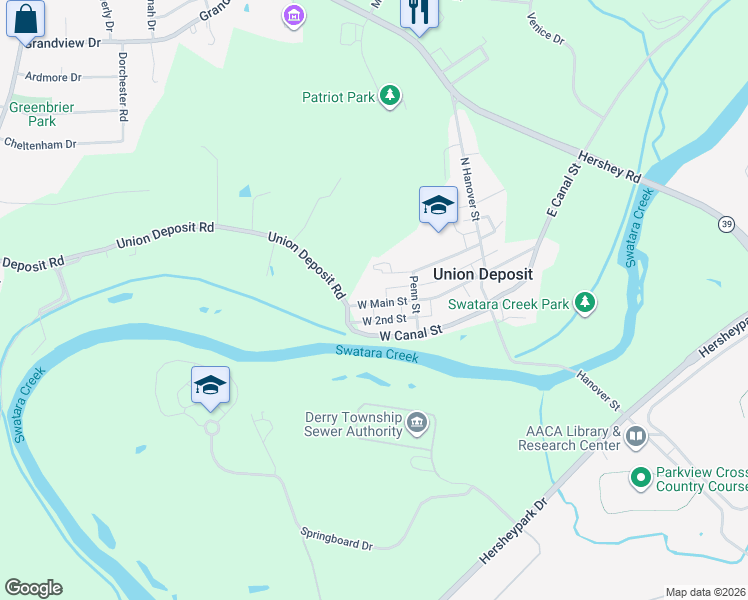 map of restaurants, bars, coffee shops, grocery stores, and more near 108 West 3rd Street in Hershey