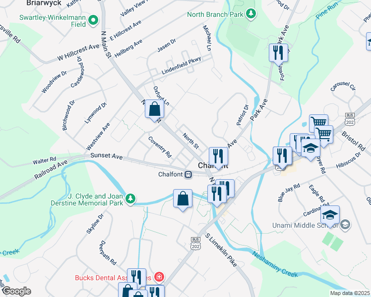 map of restaurants, bars, coffee shops, grocery stores, and more near 170 North Main Street in Chalfont