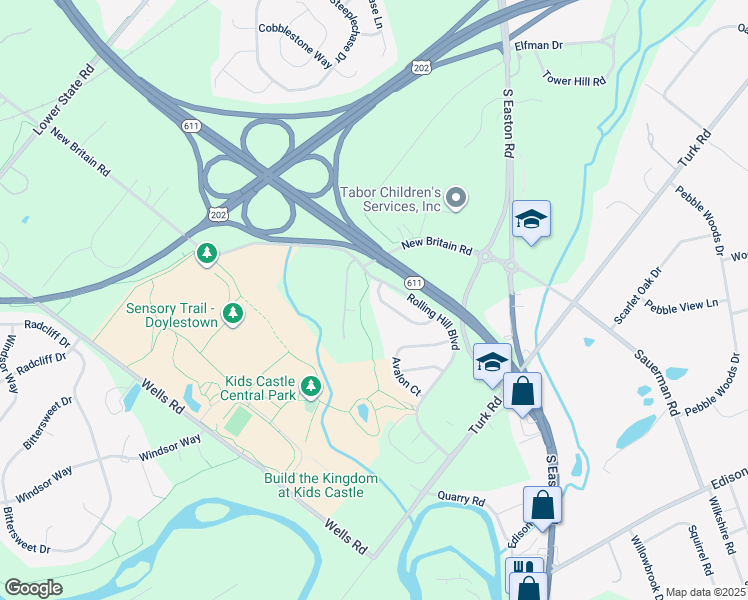 map of restaurants, bars, coffee shops, grocery stores, and more near 12 Charter Oak Court in Doylestown