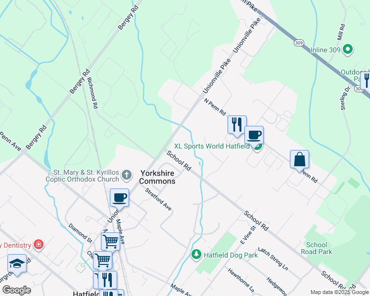 map of restaurants, bars, coffee shops, grocery stores, and more near 2415 School Road in Hatfield