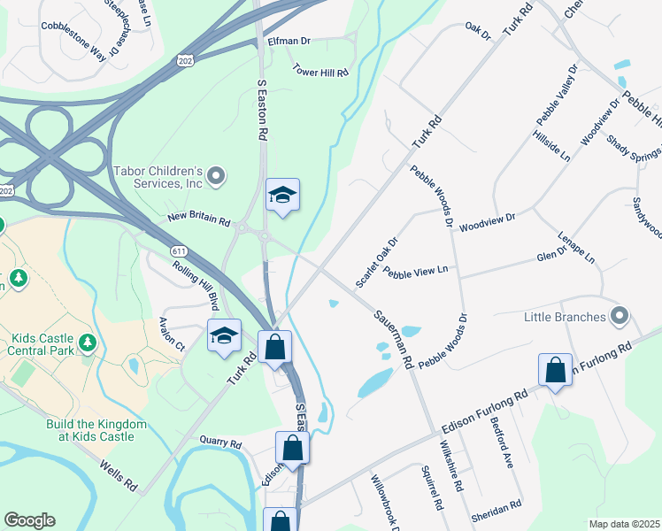 map of restaurants, bars, coffee shops, grocery stores, and more near 2111 Turk Road in Doylestown