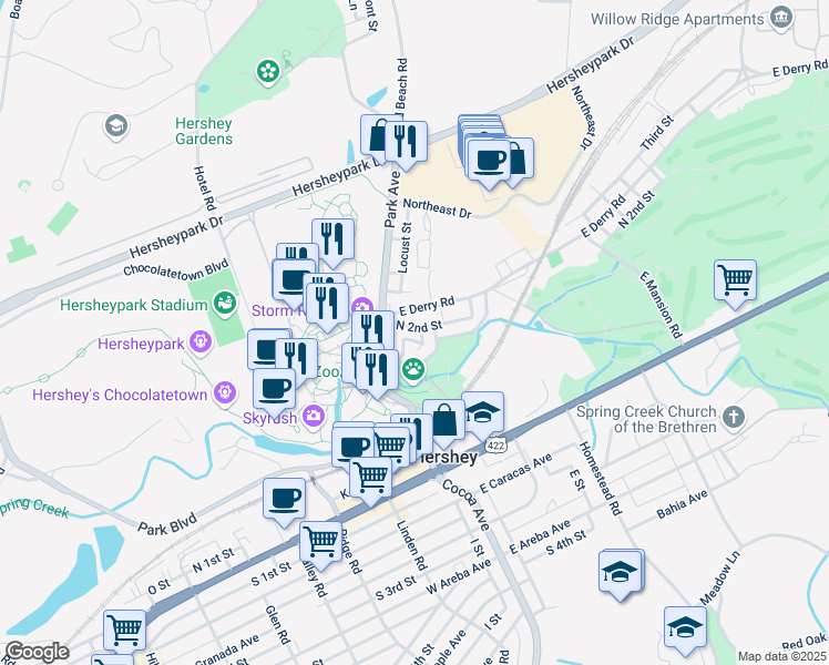map of restaurants, bars, coffee shops, grocery stores, and more near 333 Park Avenue in Hershey