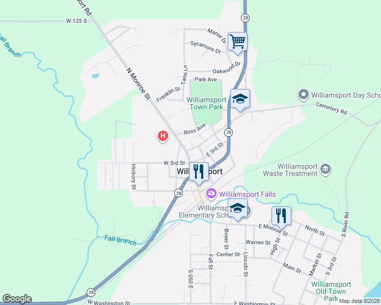 map of restaurants, bars, coffee shops, grocery stores, and more near 2-98 East 4th Street in Williamsport