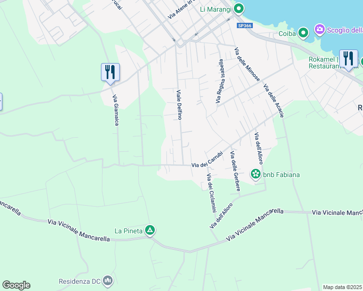 map of restaurants, bars, coffee shops, grocery stores, and more near 63 Viale Delfino in San Foca