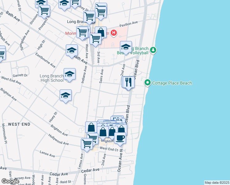 map of restaurants, bars, coffee shops, grocery stores, and more near 107 Matilda Terrace in Long Branch