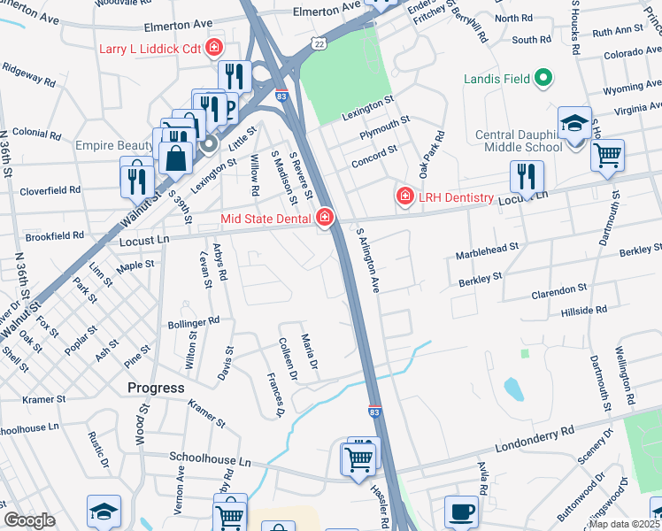 map of restaurants, bars, coffee shops, grocery stores, and more near 4100 Willow Road in Harrisburg