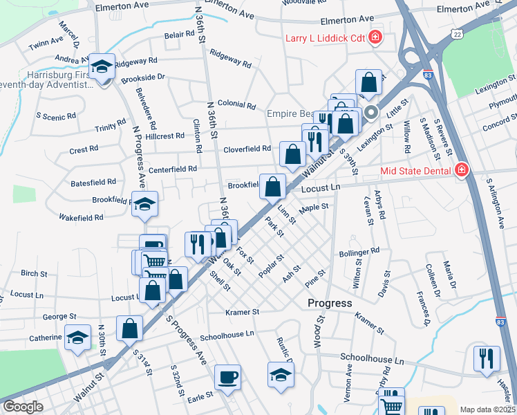 map of restaurants, bars, coffee shops, grocery stores, and more near 3720 Walnut Street in Harrisburg