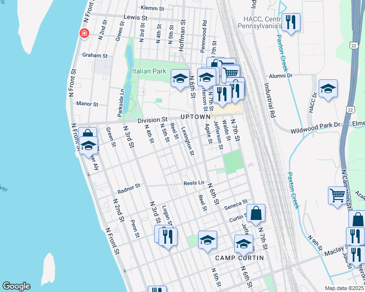 map of restaurants, bars, coffee shops, grocery stores, and more near 2700 Lexington Street in Harrisburg