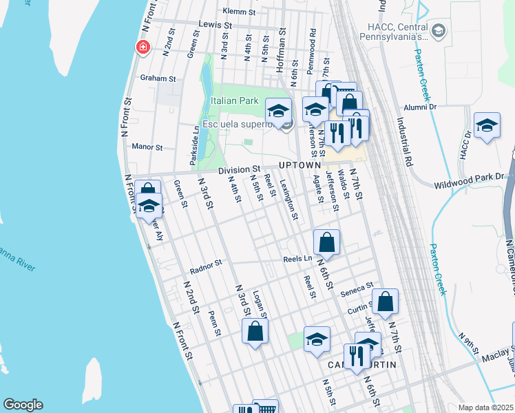 map of restaurants, bars, coffee shops, grocery stores, and more near 2721 North 5th Street in Harrisburg