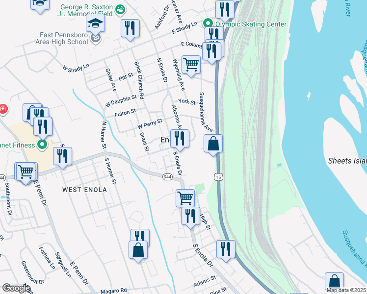 map of restaurants, bars, coffee shops, grocery stores, and more near 156 East Cumberland Road in Enola