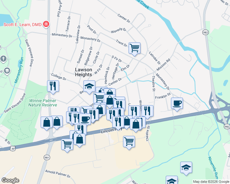 map of restaurants, bars, coffee shops, grocery stores, and more near 1226 Mission Road in Latrobe
