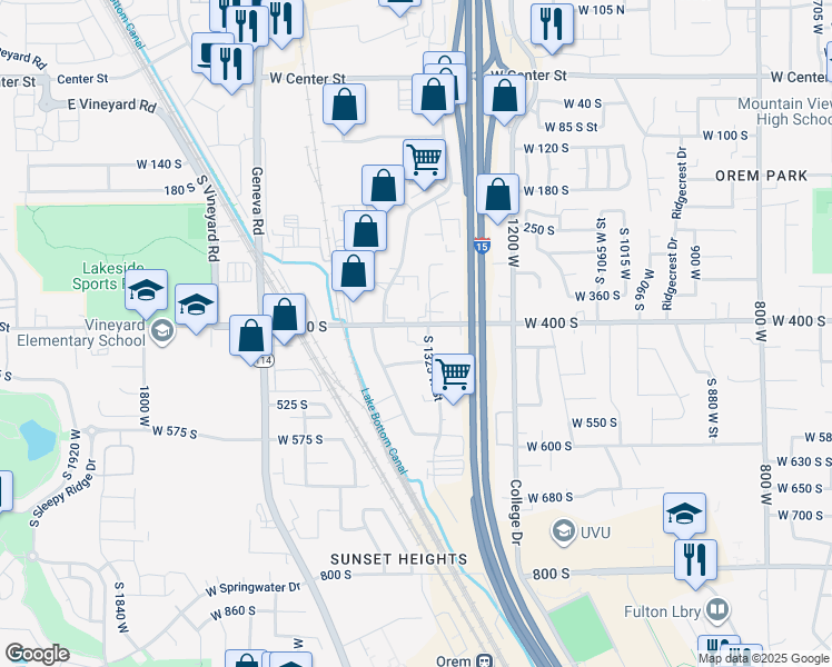 map of restaurants, bars, coffee shops, grocery stores, and more near 418 South 1325 West Street in Orem