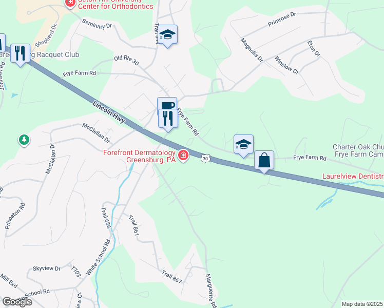 map of restaurants, bars, coffee shops, grocery stores, and more near 4731 U.S. 30 in Greensburg