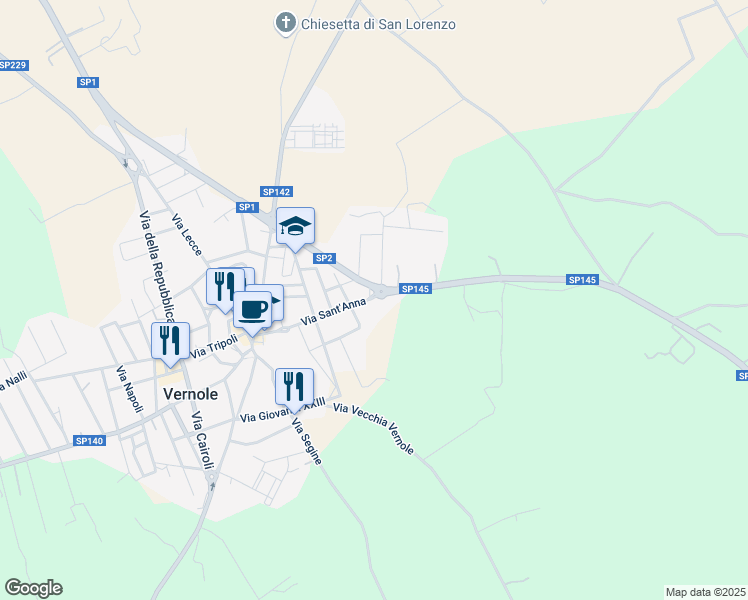map of restaurants, bars, coffee shops, grocery stores, and more near 90 Via Sant'Anna in Vernole