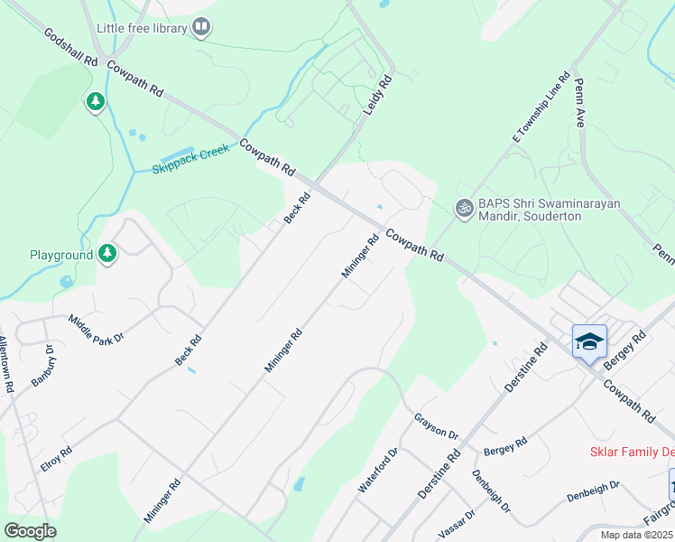 map of restaurants, bars, coffee shops, grocery stores, and more near 433 Mininger Road in Souderton
