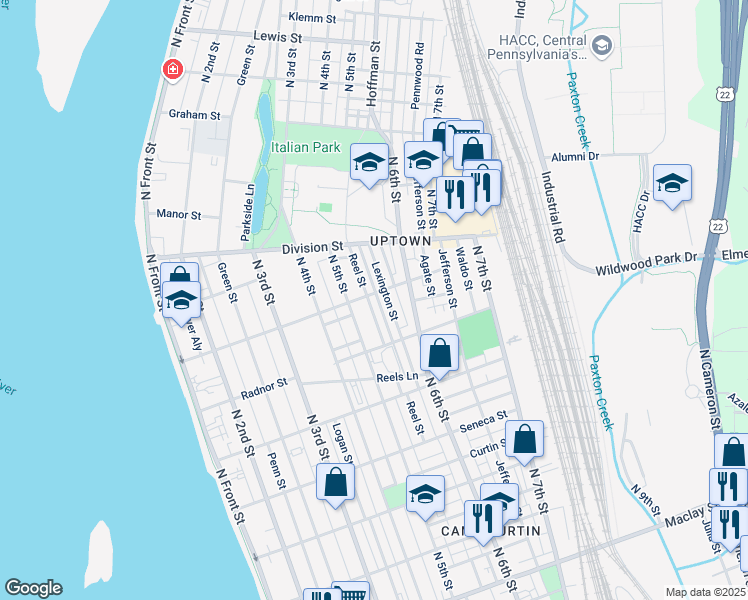 map of restaurants, bars, coffee shops, grocery stores, and more near 2700 Lexington Street in Harrisburg