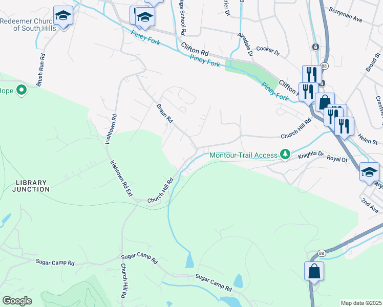 map of restaurants, bars, coffee shops, grocery stores, and more near 6491 Church Hill Road in Bethel Park