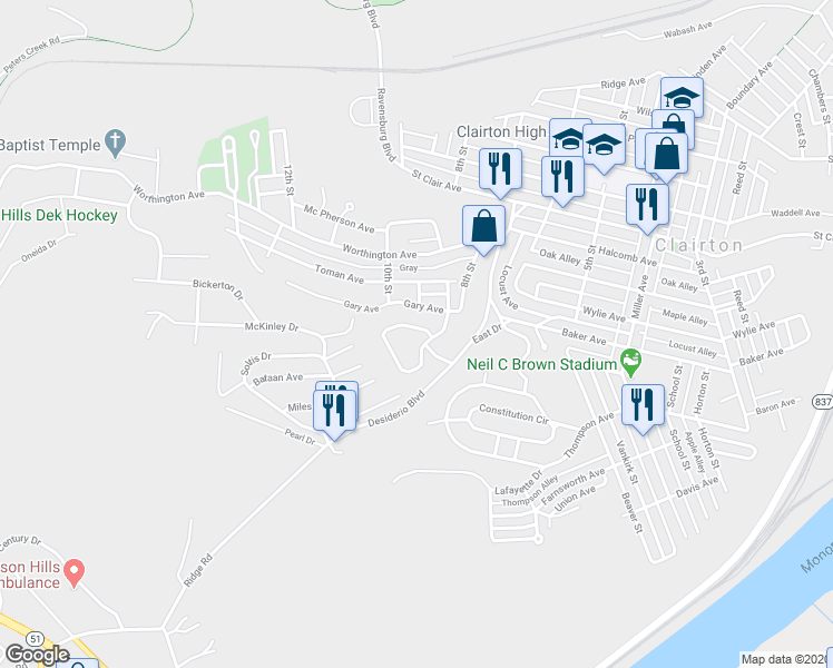 map of restaurants, bars, coffee shops, grocery stores, and more near 120 Jefferson Drive in Clairton