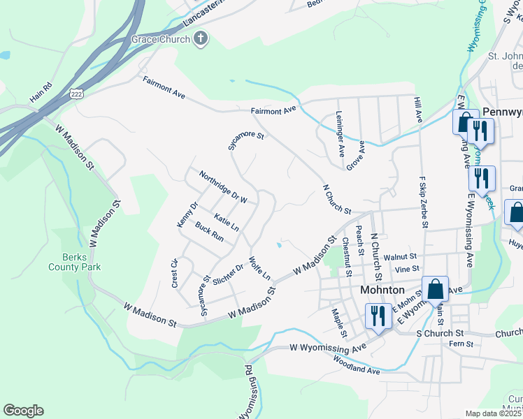map of restaurants, bars, coffee shops, grocery stores, and more near 609 Sycamore Street in Mohnton