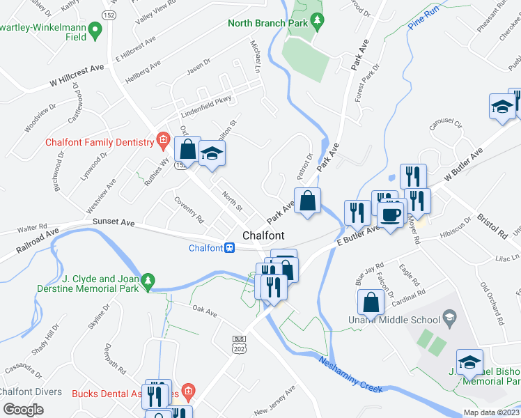 map of restaurants, bars, coffee shops, grocery stores, and more near 141 Chestnut Street in Chalfont