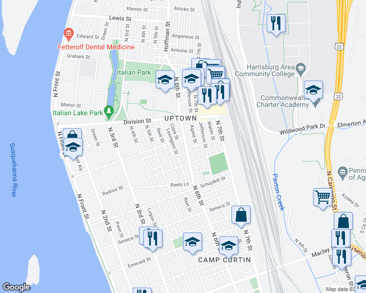 map of restaurants, bars, coffee shops, grocery stores, and more near 2646 North 6th Street in Harrisburg