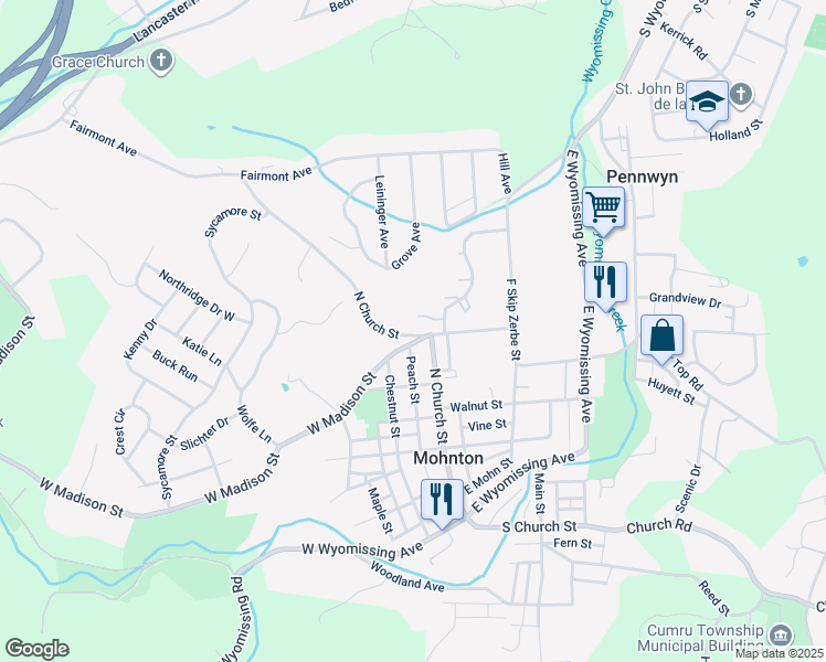map of restaurants, bars, coffee shops, grocery stores, and more near 11 North Church Street in Mohnton