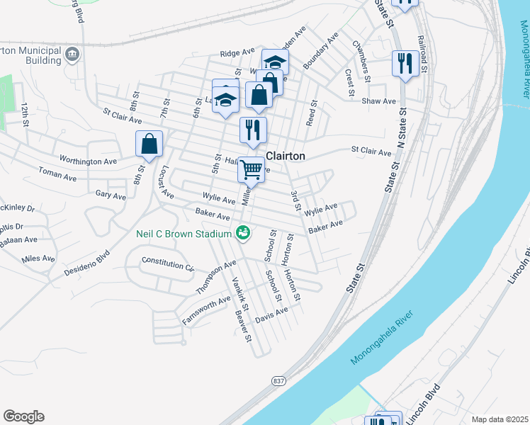 map of restaurants, bars, coffee shops, grocery stores, and more near 343 Wylie Avenue in Clairton