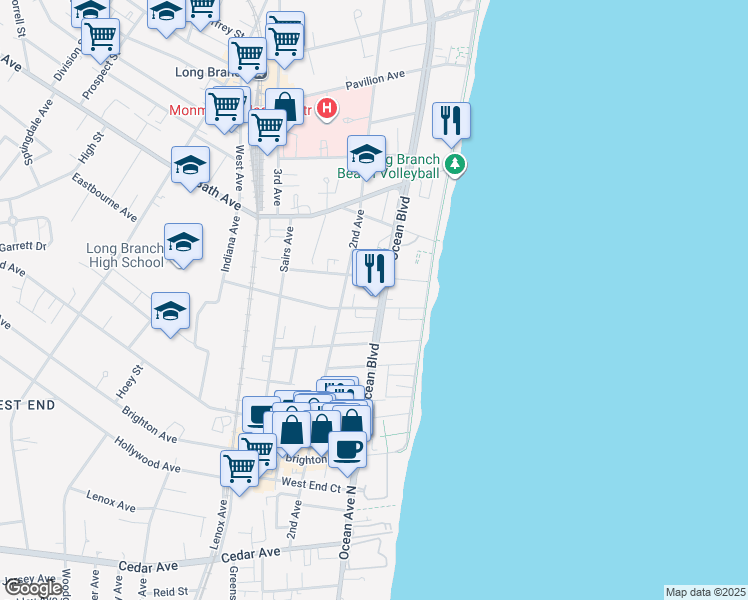 map of restaurants, bars, coffee shops, grocery stores, and more near 32 Cottage Place in Long Branch