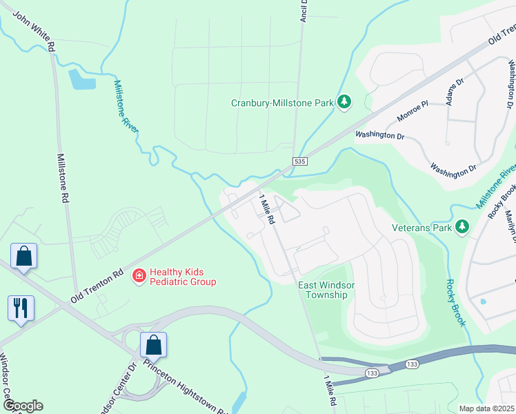 map of restaurants, bars, coffee shops, grocery stores, and more near 1132 Country Mill Drive in East Windsor