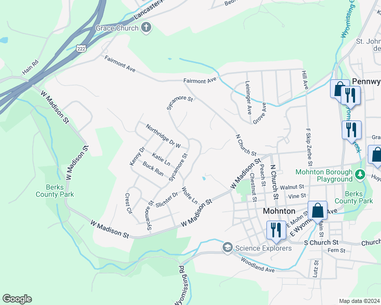 map of restaurants, bars, coffee shops, grocery stores, and more near 609 Sycamore Street in Mohnton
