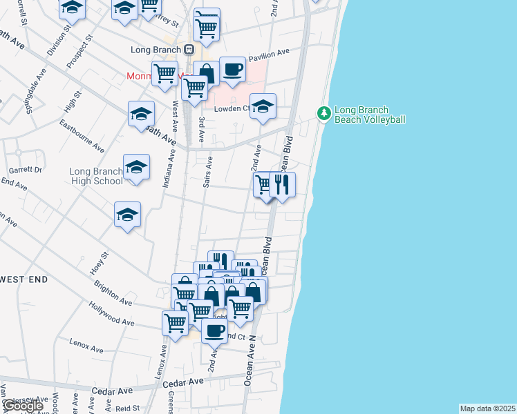 map of restaurants, bars, coffee shops, grocery stores, and more near 55 Matilda Terrace in Long Branch