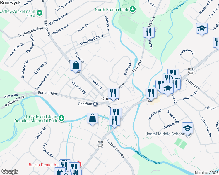 map of restaurants, bars, coffee shops, grocery stores, and more near 141 Chestnut Street in Chalfont