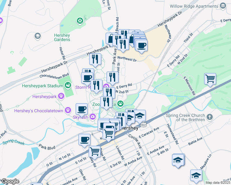map of restaurants, bars, coffee shops, grocery stores, and more near 333 Park Avenue in Hershey
