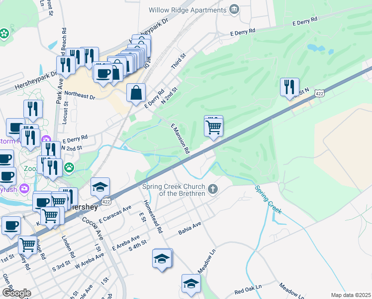 map of restaurants, bars, coffee shops, grocery stores, and more near 211 East Mansion Road in Hershey