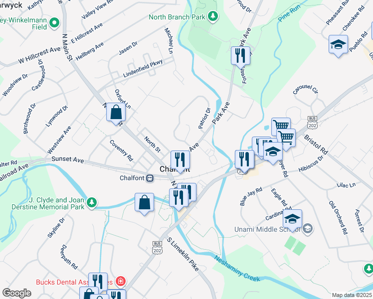 map of restaurants, bars, coffee shops, grocery stores, and more near 53 Park Avenue in Chalfont