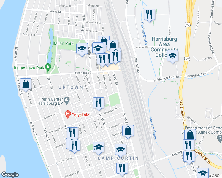 map of restaurants, bars, coffee shops, grocery stores, and more near 2620 North 7th Street in Harrisburg