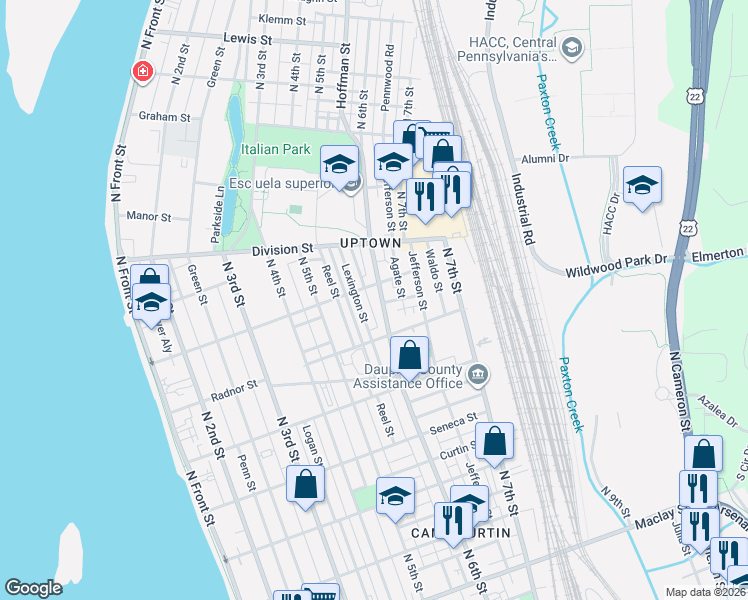 map of restaurants, bars, coffee shops, grocery stores, and more near 2661 North 6th Street in Harrisburg