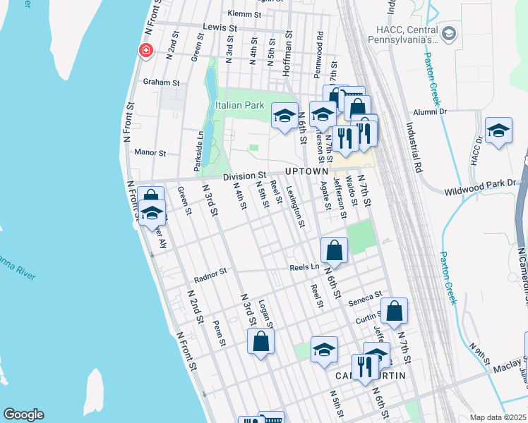 map of restaurants, bars, coffee shops, grocery stores, and more near 2704 North 5th Street in Harrisburg