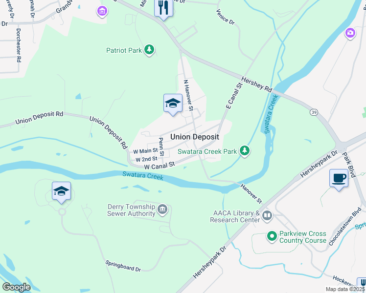 map of restaurants, bars, coffee shops, grocery stores, and more near 18 West Main Street in Hershey