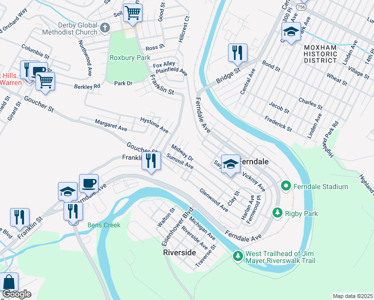 map of restaurants, bars, coffee shops, grocery stores, and more near 701-799 Balsam Alley in Johnstown