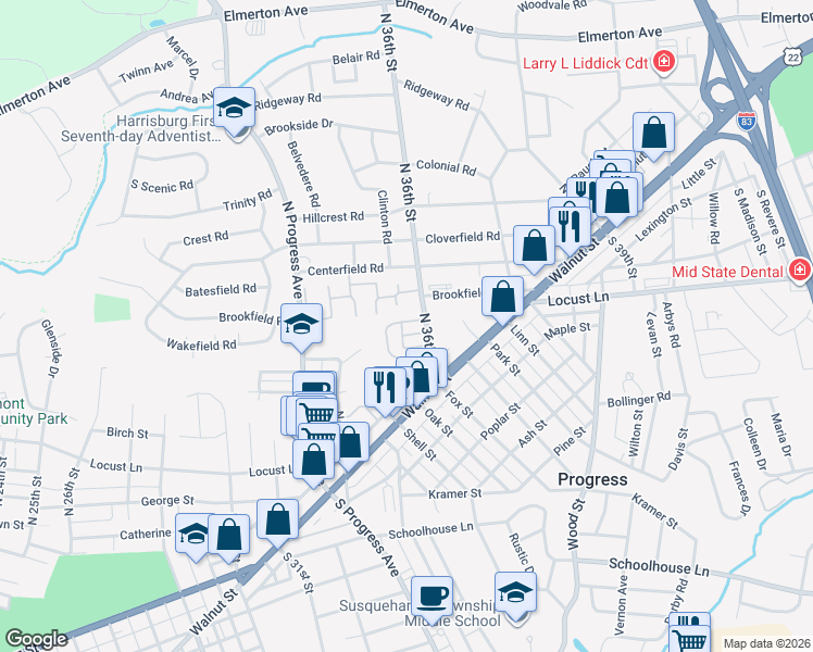 map of restaurants, bars, coffee shops, grocery stores, and more near 3591 Mobile Road in Harrisburg