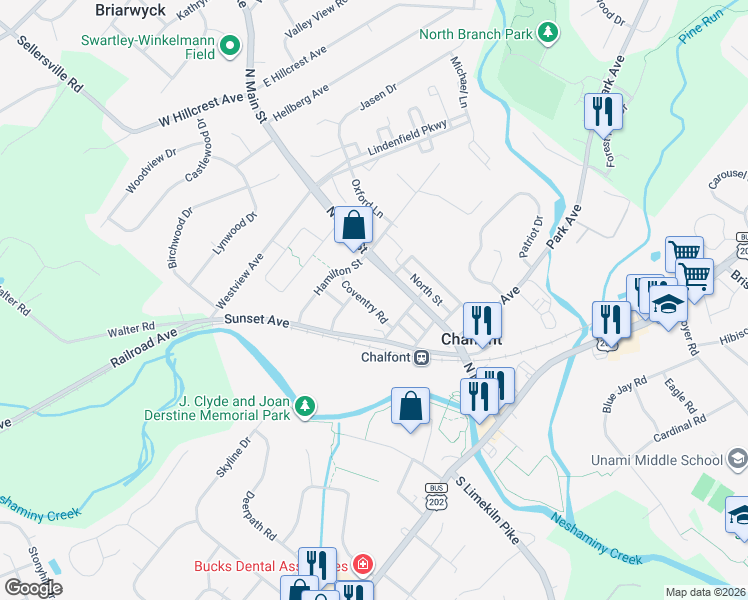map of restaurants, bars, coffee shops, grocery stores, and more near 219 Coventry Road in Chalfont