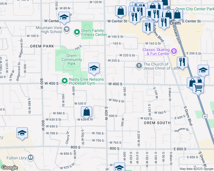 map of restaurants, bars, coffee shops, grocery stores, and more near 397 West 400 South in Orem