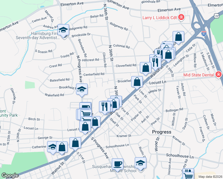 map of restaurants, bars, coffee shops, grocery stores, and more near 3591 Mobile Road in Harrisburg