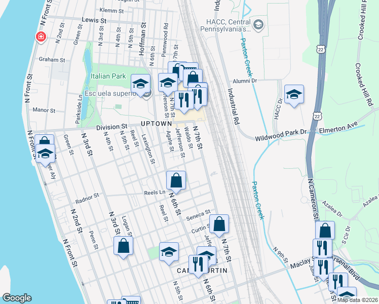 map of restaurants, bars, coffee shops, grocery stores, and more near 2618 Waldo Street in Harrisburg