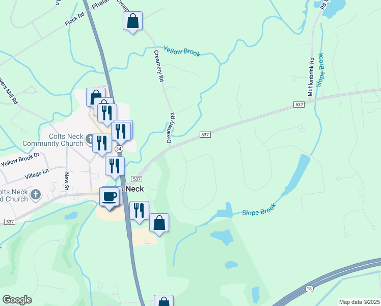 map of restaurants, bars, coffee shops, grocery stores, and more near 1 Twin Lakes Drive in Monmouth County
