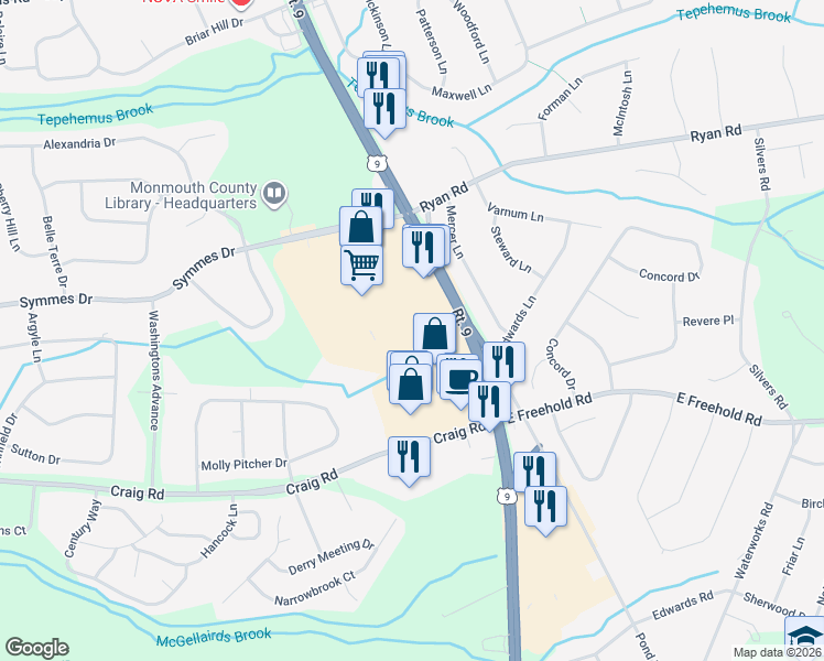 map of restaurants, bars, coffee shops, grocery stores, and more near 55 Route 9 in Manalapan Township