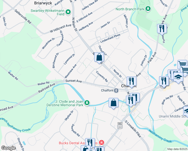 map of restaurants, bars, coffee shops, grocery stores, and more near 246 Honey Hollow Lane in Chalfont