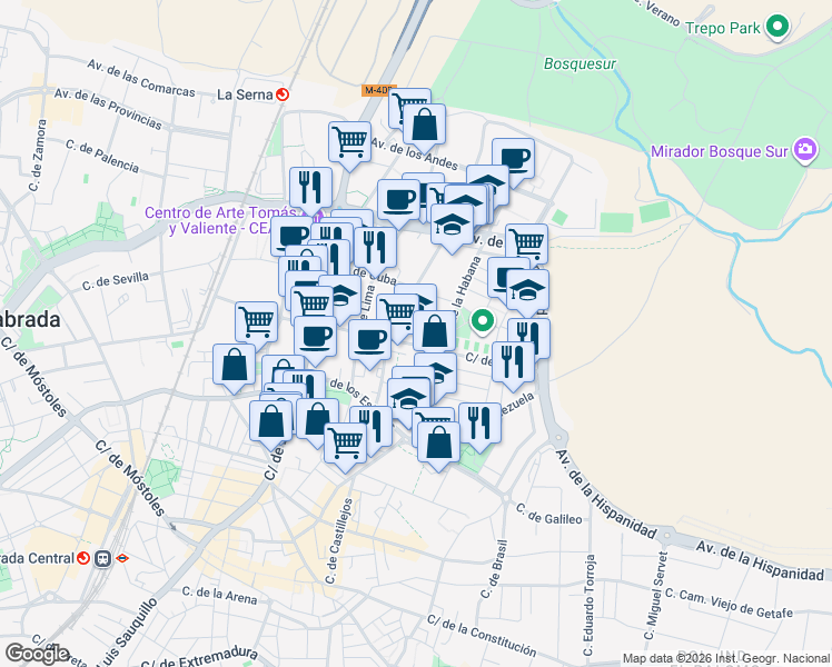 map of restaurants, bars, coffee shops, grocery stores, and more near 17 Calle de Cuzco in Fuenlabrada