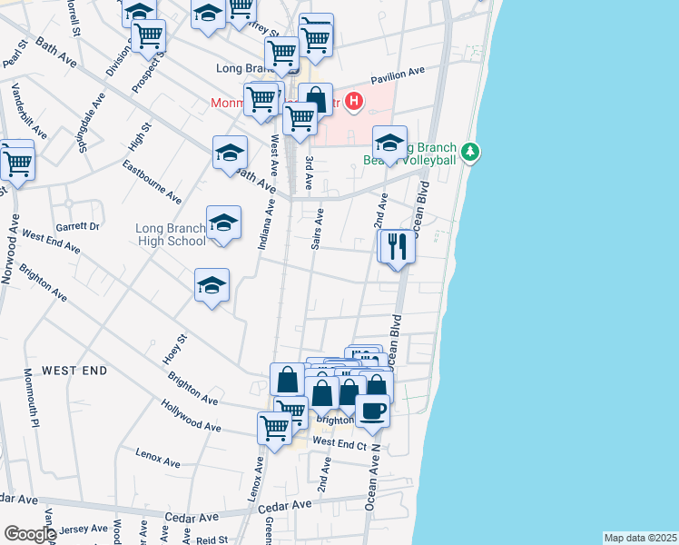 map of restaurants, bars, coffee shops, grocery stores, and more near 107 Matilda Terrace in Long Branch
